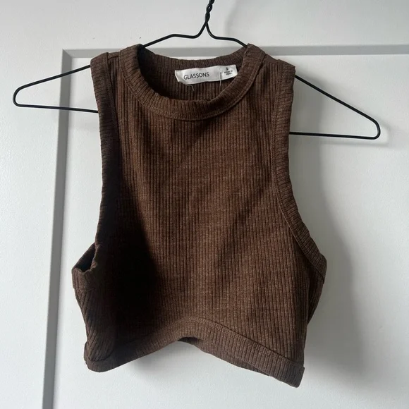GLASSONS Cropped Brown Ribbed Tank Top - Picture 1 of 4